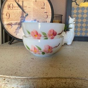 2 Fire King Berry Dessert Bowls Pink Dogwood Blossom Vintage